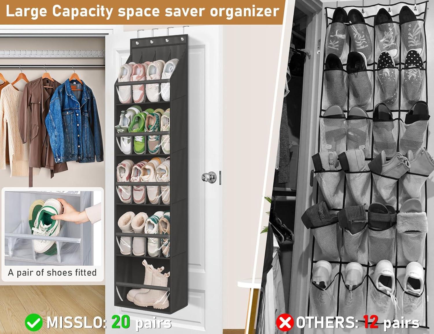 imageMISSLO 20 Pairs Over the Door Shoe Organizer for Closet Narrow Hanging Shoe Rack for Door Hanger Deep Pocket Door Shoe Holder Storage for Boots Size 13 Sneakers BlackBlack
