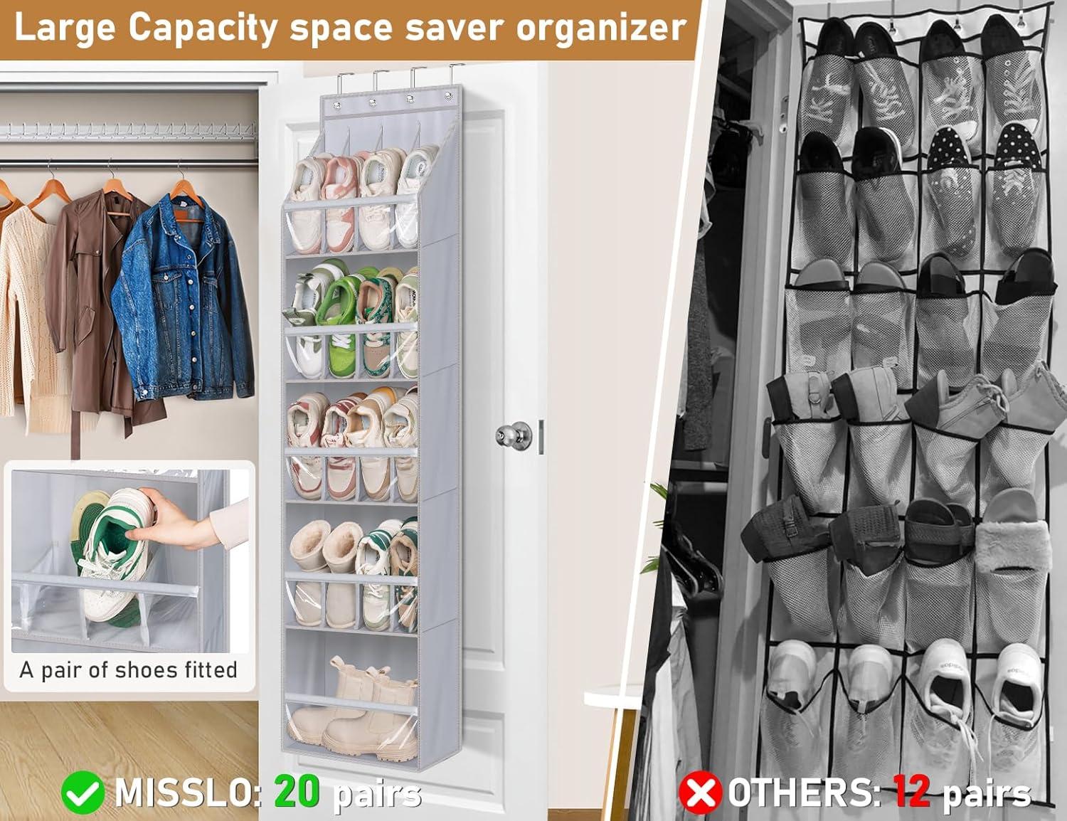 imageMISSLO 20 Pairs Over the Door Shoe Organizer for Closet Narrow Hanging Shoe Rack for Door Hanger Deep Pocket Door Shoe Holder Storage for Boots Size 13 Sneakers BlackGrey