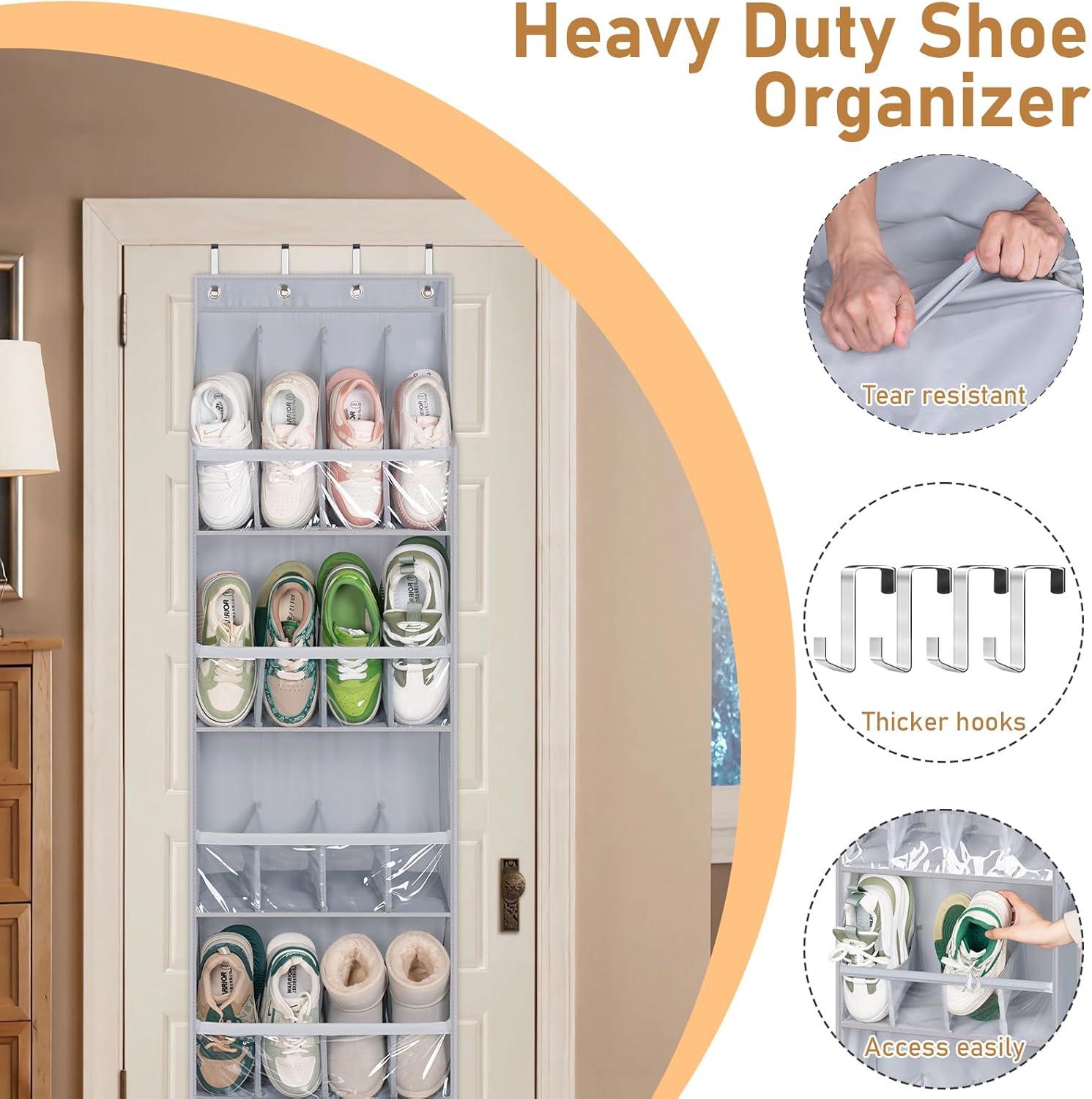 imageMISSLO 20 Pairs Over the Door Shoe Organizer for Closet Narrow Hanging Shoe Rack for Door Hanger Deep Pocket Door Shoe Holder Storage for Boots Size 13 Sneakers BlackGrey