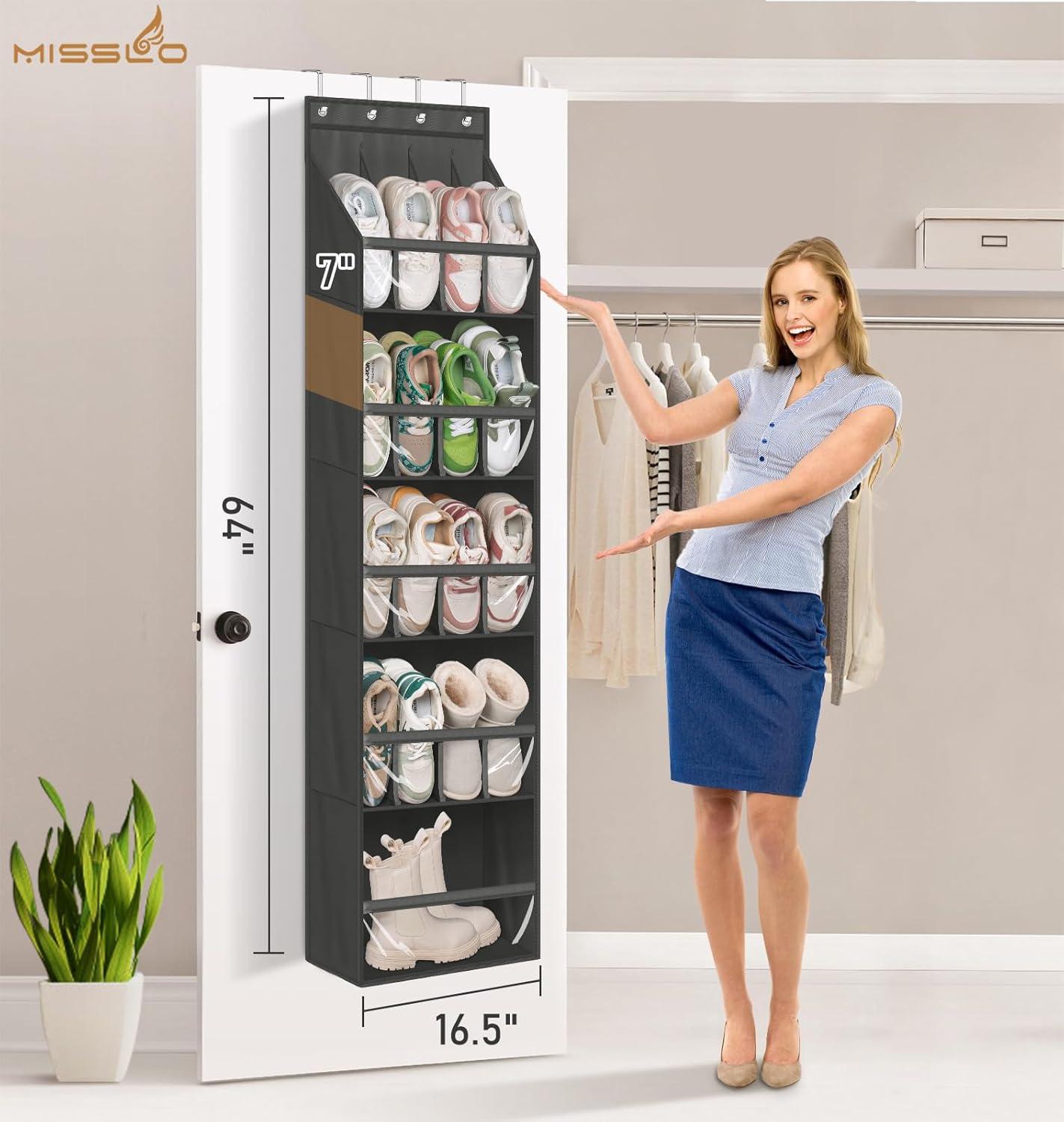 imageMISSLO 20 Pairs Over the Door Shoe Organizer for Closet Narrow Hanging Shoe Rack for Door Hanger Deep Pocket Door Shoe Holder Storage for Boots Size 13 Sneakers BlackBlack