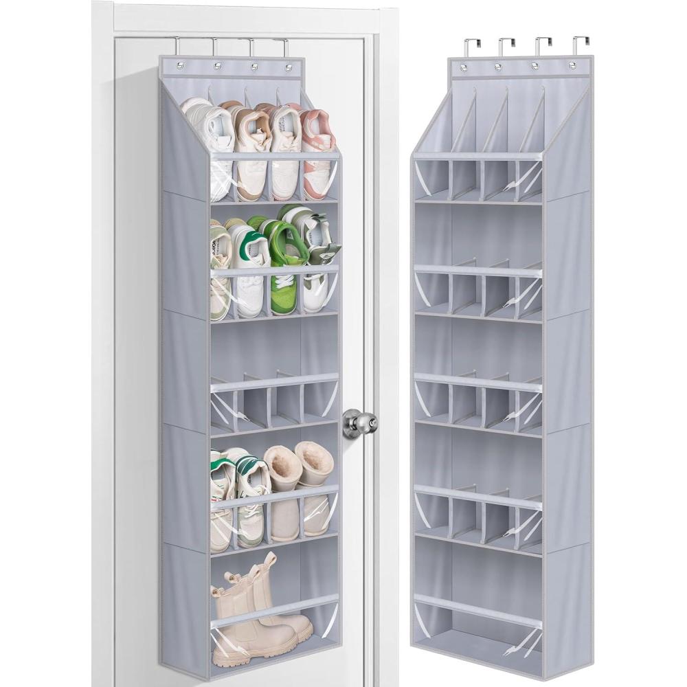 imageMISSLO 20 Pairs Over the Door Shoe Organizer for Closet Narrow Hanging Shoe Rack for Door Hanger Deep Pocket Door Shoe Holder Storage for Boots Size 13 Sneakers BlackGrey
