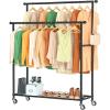 imageMISSLO Double Rods Garment Rack Heavy Duty Clothing Rack for Hanging Clothes Portable Clothes Organizer for Bedroom Living Room Clothing Store Black with wheelsBlack with wheels