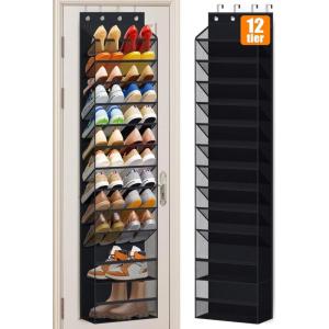 imageMISSLO 12 Tier Over the Door Shoe Organizer Hanging Shoe Rack for Closet Storage Sneaker Holder for Door Fit 24 Pairs Sandals Heels Boots BlackBlack