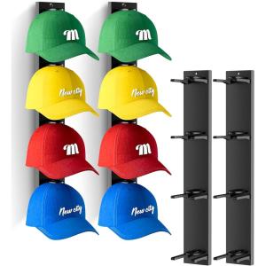imageMISSLO 2 Pack Hat Rack for Wall with Wider Slots Display Hat Organizer for Baseball Caps Holds 8 Ball Cap Storage Organizer for Closet Wall Mounted Bedroom Door 2 Mounting OptionBlack