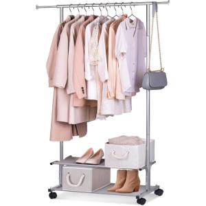 imageMISSLO 2 Shelves Clothing Racks for Hanging Clothes Hanger Rack Rolling Garment Rack Heavy Duty Metal Wardrobe Rack Silver