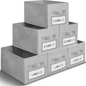 imageMISSLO 6 Pack Closet Storage Bins for Shelves with Label Holders Linen Closet Storage Basket for Organizing Clothes Organizers NonMetal Fabric Storage Bin Organizer Gray