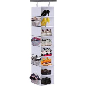 imageMISSLO 8Shelf Hanging Shoe Organizer Clothes Closet Organizers and Storage Shelves Hat Holder with Large Shelf and Side Mesh Pockets for Hats Handbags Kid Sweater GreyWhite