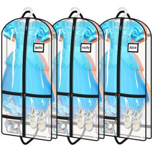imageMISSLO All Clear Garment Bags for Dance Costumes Hanging Dance Garment Bags for Dancers with 3 Zippered Pockets Plastic Cheer Uniform Garment Bag 3 PacksClear