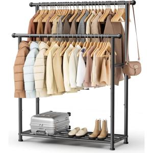 imageMISSLO Double Rods Garment Rack Heavy Duty Clothing Rack for Hanging Clothes Portable Clothes Organizer for Bedroom Living Room Clothing Store Black with wheelsMatte Black