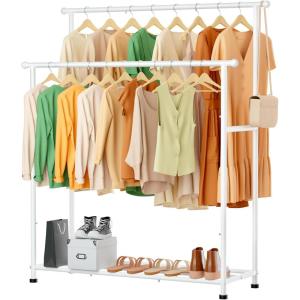 imageMISSLO Double Rods Garment Rack Heavy Duty Clothing Rack for Hanging Clothes Portable Clothes Organizer for Bedroom Living Room Clothing Store Black with wheelsWhite