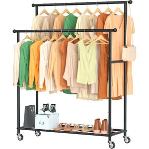 imageMISSLO Double Rods Garment Rack Heavy Duty Clothing Rack for Hanging Clothes Portable Clothes Organizer for Bedroom Living Room Clothing Store Black with wheelsBlack with wheels