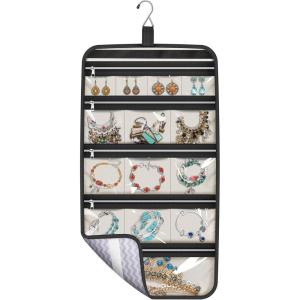 imageMISSLO Hanging Jewelry Organizer Travel Foldable Jewelry Roll Storage Case with 14 Cotton Zippered Pockets for Traveling Closet Suitcase