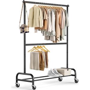 imageMISSLO Heavy Duty Clothing Racks for Hanging Clothes Rack Double Rod Garment Rack Rolling Closet Wardrobe Rack on Wheels Metal Adjustable BlackBlack