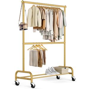 imageMISSLO Heavy Duty Clothing Racks for Hanging Clothes Rack Double Rod Garment Rack Rolling Closet Wardrobe Rack on Wheels Metal Adjustable BlackGold