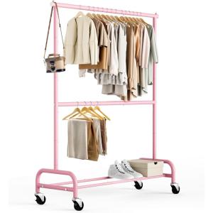 imageMISSLO Heavy Duty Clothing Racks for Hanging Clothes Rack Double Rod Garment Rack Rolling Closet Wardrobe Rack on Wheels Metal Adjustable BlackPink