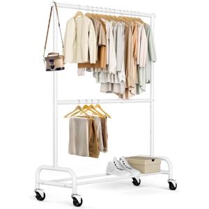imageMISSLO Heavy Duty Clothing Racks for Hanging Clothes Rack Double Rod Garment Rack Rolling Closet Wardrobe Rack on Wheels Metal Adjustable BlackWhite