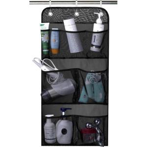 imageMISSLO Mesh Shower Caddy Hanging for Cruise RV Camper Bathroom Different Pockets Mesh Shower Organizer Travel with Over Door Hooks and Shower Curtain HooksBlack