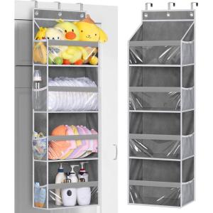 imageMISSLO Over the Door Organizer Hanging Storage with 6 Large Pockets 12 Side Pockets Closet Door Organizer Heavy Duty Baby Organization for Bathroom Pantry Bedroom Nursery Clothes Toys DiapersGrey