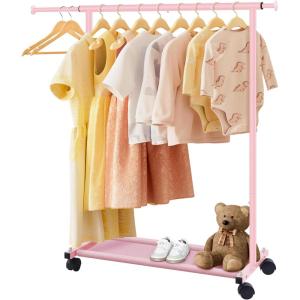 imageMISSLO Short Clothing Racks for Hanging Clothes with Bottom Shelves and Wheels Heavy Duty Rolling Clothes Rack Kids Clothing Rack for Adult Coat Closet Wardrobe BlackPink