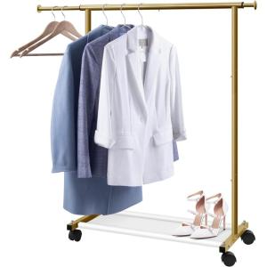 imageMISSLO Short Clothing Racks for Hanging Clothes with Bottom Shelves and Wheels Heavy Duty Rolling Clothes Rack Kids Clothing Rack for Adult Coat Closet Wardrobe BlackGold