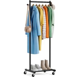 imageMISSLO Small Clothes Racks for Hanging Clothes Clothing Rack with Wheels 60quot Garment Rack with Shelves Portable Rolling Wardrobe Rack for Small Space BlackBlack