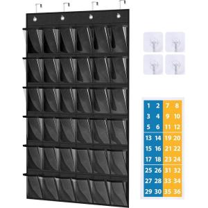 imageMISSLO Cell Phone Pocket Chart for Classroom with 36 Modern Number Stickers Over The Door Calculator Holder for Wall Mount Clear Hanging Cell Phone Holder Classroom Storage Organizer Black