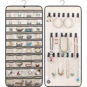 imageMISSLO Dualsided Hanging Jewelry Organizer with 40 Pockets and 20 Hook ampamp Loops Closet Necklace Holder for Earring Bracelet Ring Chain with Rotating Hanger BeigeBeige