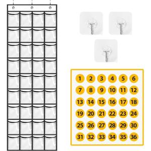imageMISSLO Narrow Cell Phone Holder Classroom 36 Clear Pockets Calculator Holder for Door Pocket Chart for Classroom Wall with 36 Number Sticker White