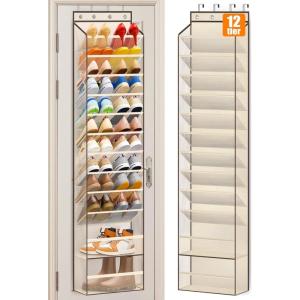 imageMISSLO 12 Tier Over the Door Shoe Organizer Breathable Mesh Hanging Shoe Rack for Closet Storage Shoe Holder for Door Fit 24 Pairs Sandals Heels Boots PinkBeige