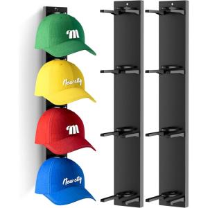 imageMISSLO 4 Pack Hat Rack for Wall with Wider Slots Display Hat Organizer for Baseball Caps Holds 16 Ball Cap Storage Organizer for Closet Wall Mounted Bedroom DoorBlack