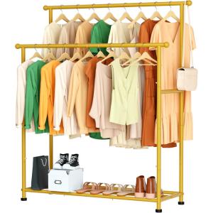 imageMISSLO Double Rods Garment Rack Heavy Duty Clothing Rack for Hanging Clothes Portable Clothes Organizer for Bedroom Living Room Clothing Store Black with wheelsGold