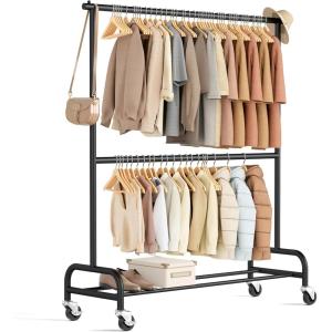imageMISSLO Heavy Duty Clothes Rack for Hanging Clothes Rolling Clothing Rack Heavy Duty on Wheels for Coat Garment Matte Black Double RodDouble Rod