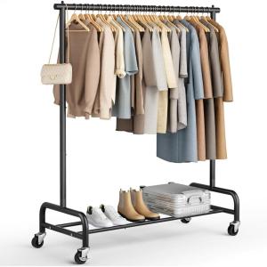 imageMISSLO Heavy Duty Clothes Rack for Hanging Clothes Rolling Clothing Rack Heavy Duty on Wheels for Coat Garment Matte Black Double RodSingle Rod