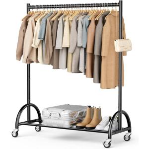 imageMISSLO Heavy Duty Clothing Rack with Wheels Rolling Clothes Racks for Hanging Clothes Coats Garment Dress GoldBlack