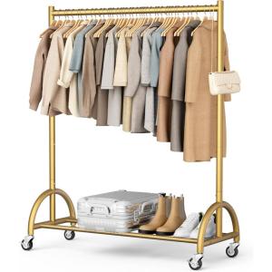 imageMISSLO Heavy Duty Clothing Rack with Wheels Rolling Clothes Racks for Hanging Clothes Coats Garment Dress GoldGold