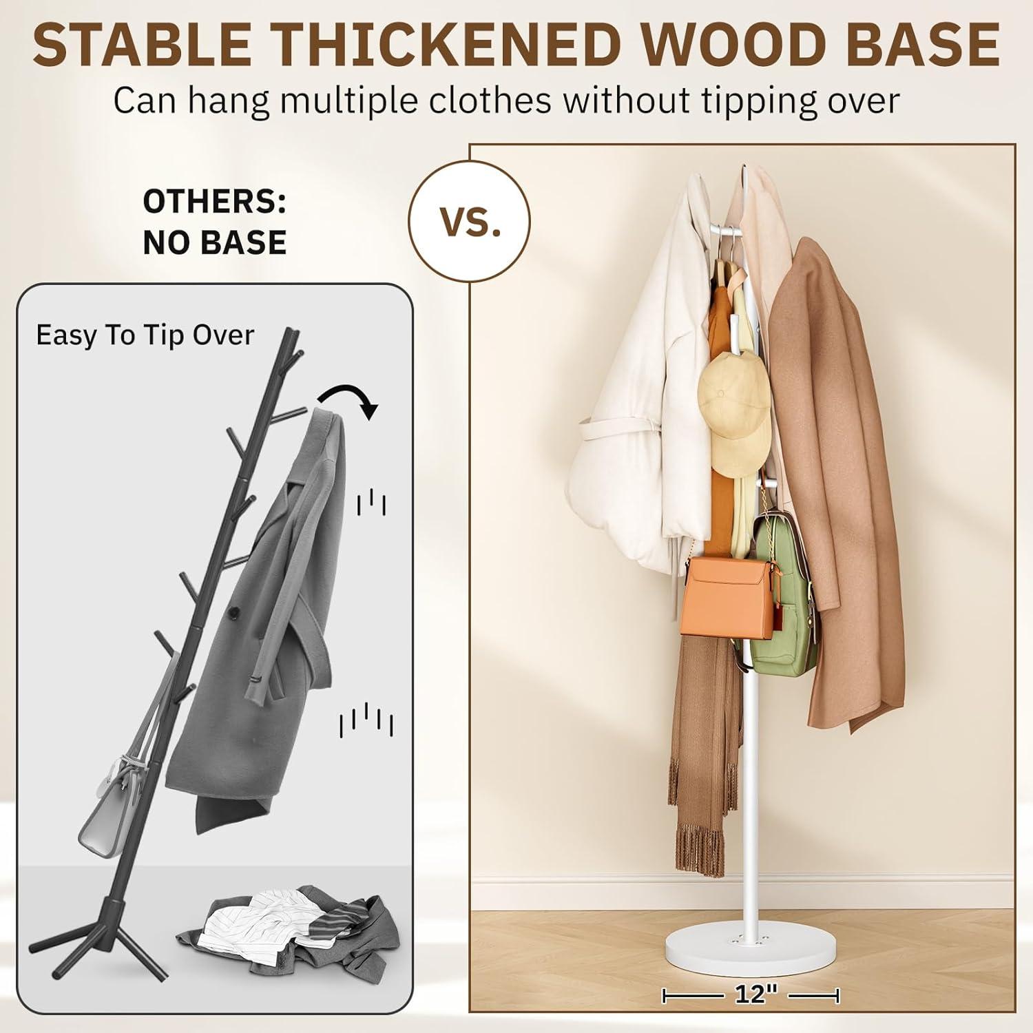 imageMISSLO Heavy Duty Coat Rack Freestanding 4 Adjustable Size Coat Tree with Stable Wood Base Coat Hanger Stand with 6 Hooks Standing Clothes Tree for Bedroom GoldWhite