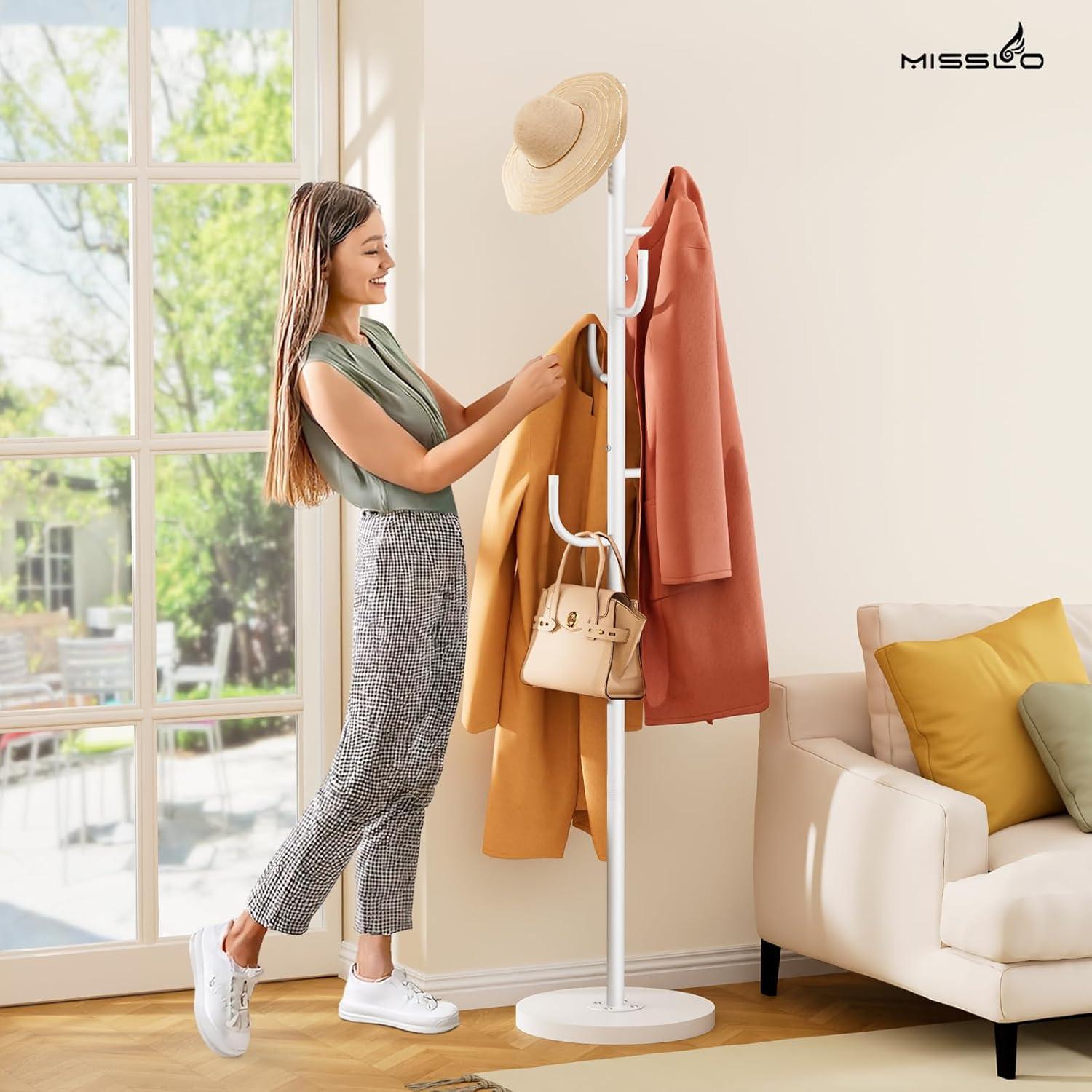 imageMISSLO Heavy Duty Coat Rack Freestanding 4 Adjustable Size Coat Tree with Stable Wood Base Coat Hanger Stand with 6 Hooks Standing Clothes Tree for Bedroom GoldWhite