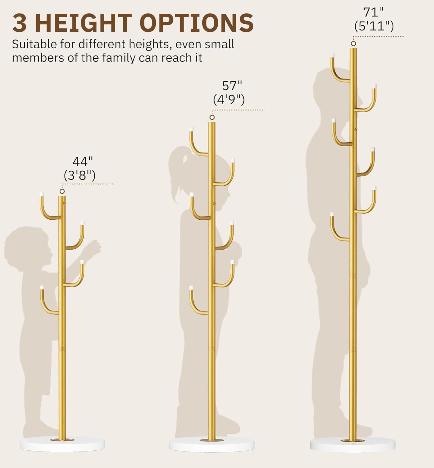 imageMISSLO Heavy Duty Coat Rack Freestanding 4 Adjustable Size Coat Tree with Stable Wood Base Coat Hanger Stand with 6 Hooks Standing Clothes Tree for Bedroom GoldGold