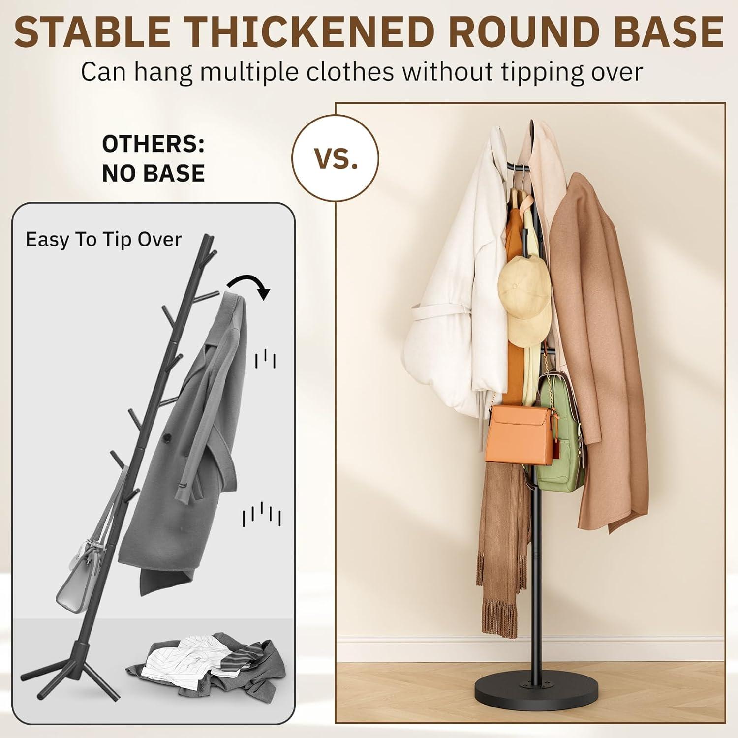 imageMISSLO Heavy Duty Coat Rack Freestanding 4 Adjustable Size Coat Tree with Stable Wood Base Coat Hanger Stand with 6 Hooks Standing Clothes Tree for Bedroom GoldBlack