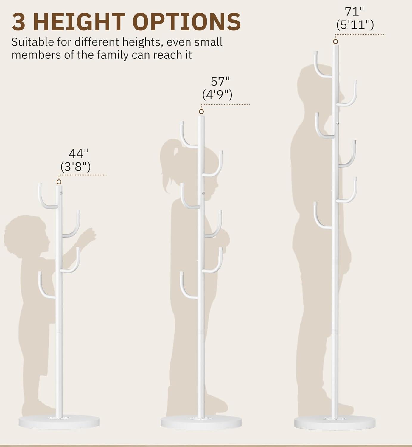 imageMISSLO Heavy Duty Coat Rack Freestanding 4 Adjustable Size Coat Tree with Stable Wood Base Coat Hanger Stand with 6 Hooks Standing Clothes Tree for Bedroom GoldWhite