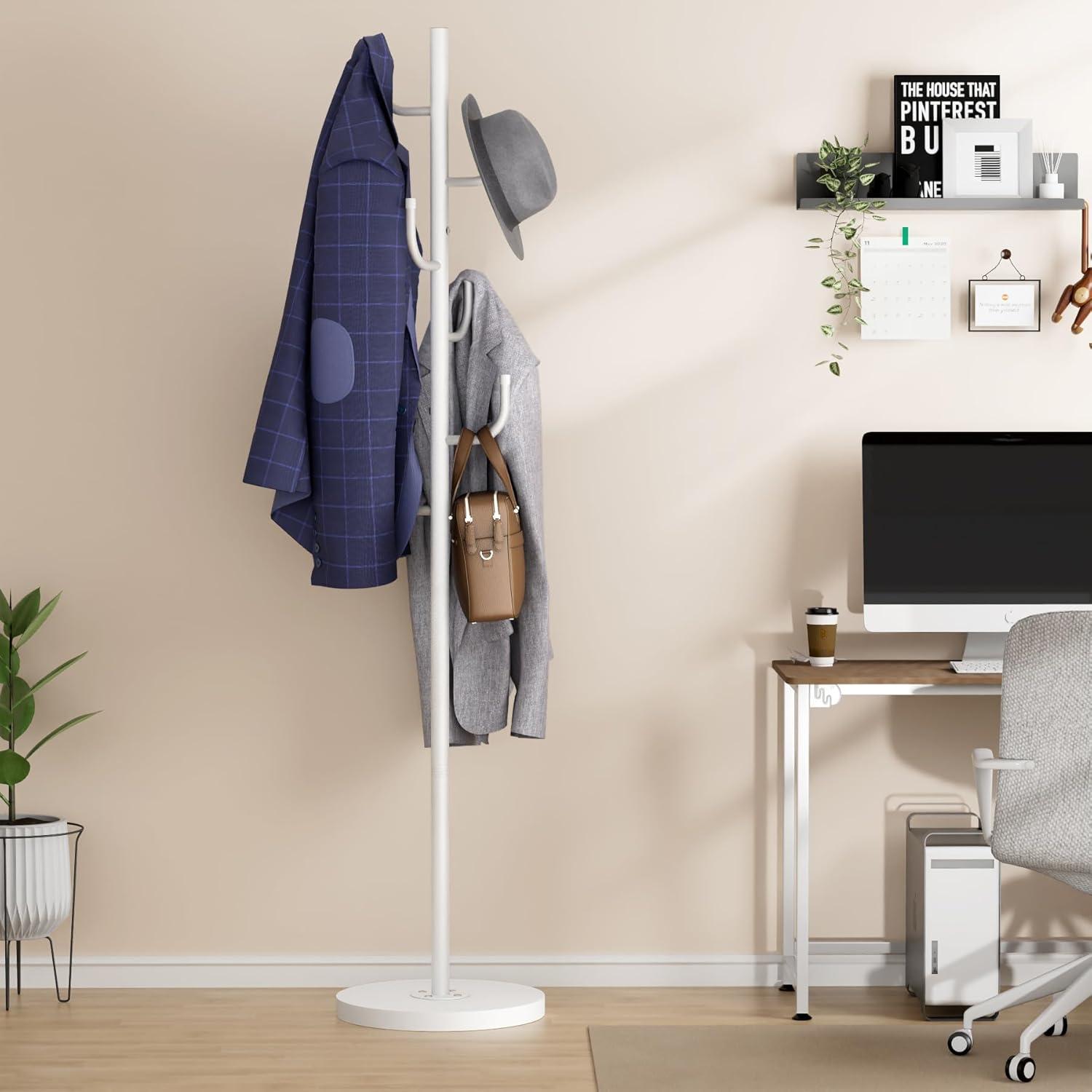 imageMISSLO Heavy Duty Coat Rack Freestanding 4 Adjustable Size Coat Tree with Stable Wood Base Coat Hanger Stand with 6 Hooks Standing Clothes Tree for Bedroom GoldWhite