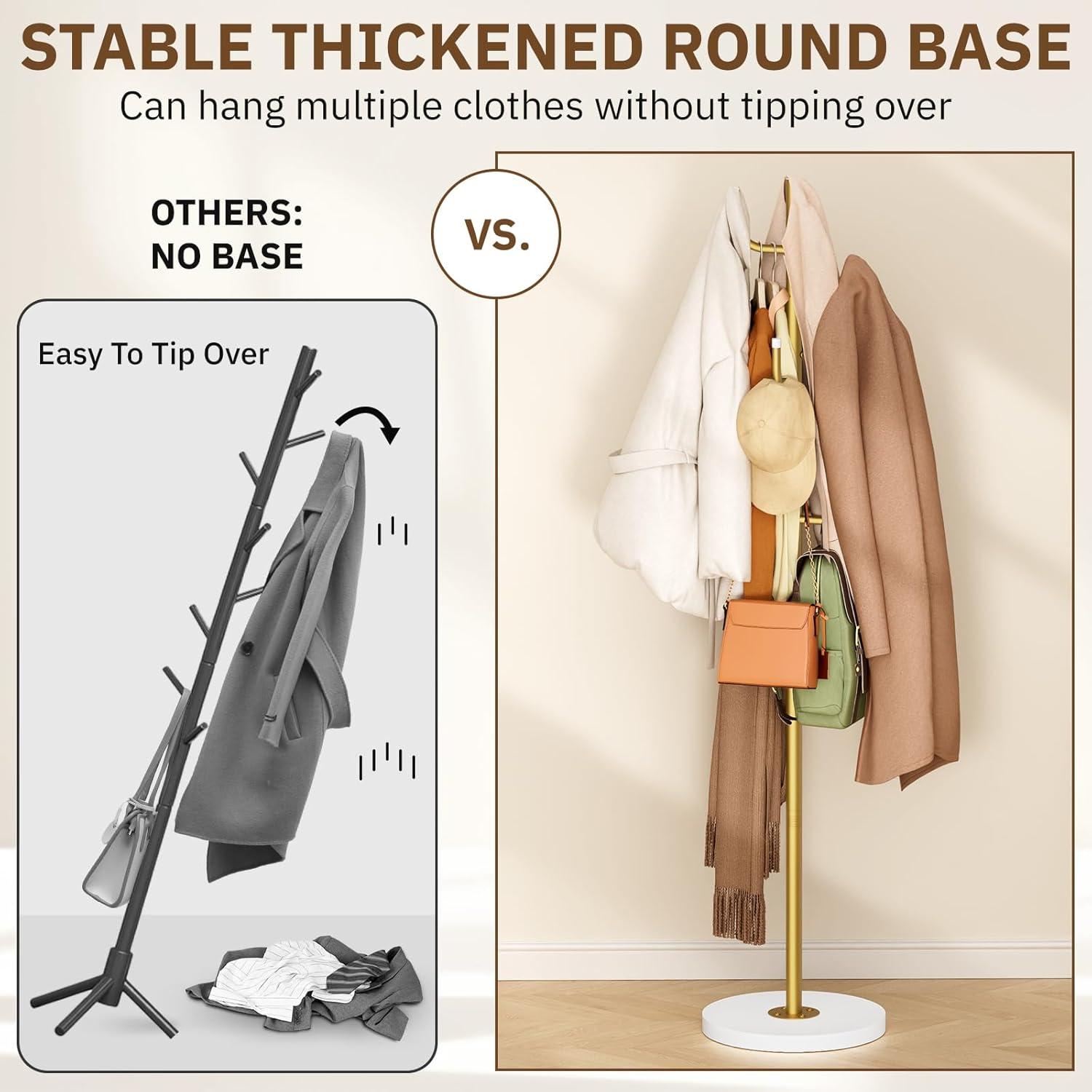 imageMISSLO Heavy Duty Coat Rack Freestanding 4 Adjustable Size Coat Tree with Stable Wood Base Coat Hanger Stand with 6 Hooks Standing Clothes Tree for Bedroom GoldGold