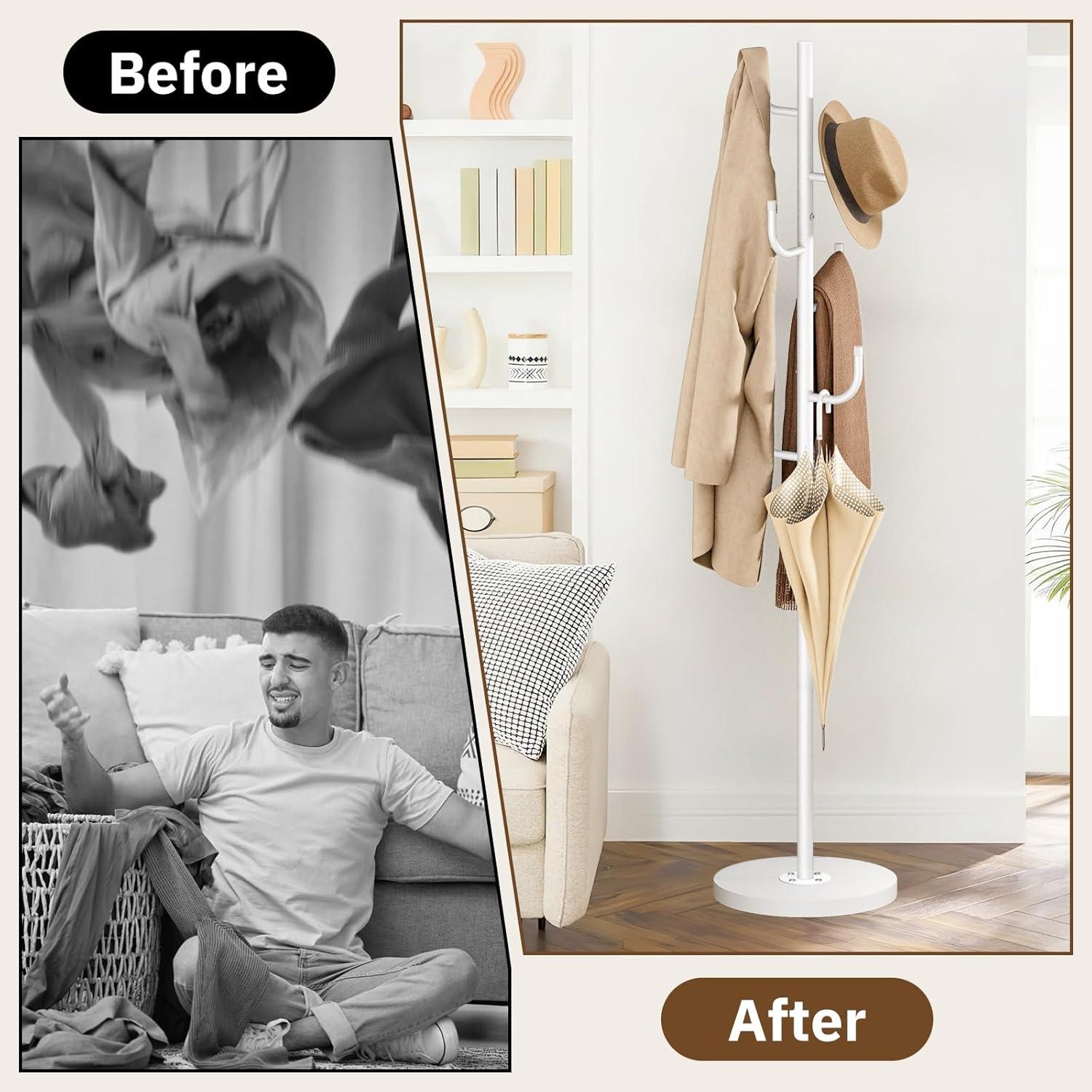 imageMISSLO Heavy Duty Coat Rack Freestanding 4 Adjustable Size Coat Tree with Stable Wood Base Coat Hanger Stand with 6 Hooks Standing Clothes Tree for Bedroom GoldWhite