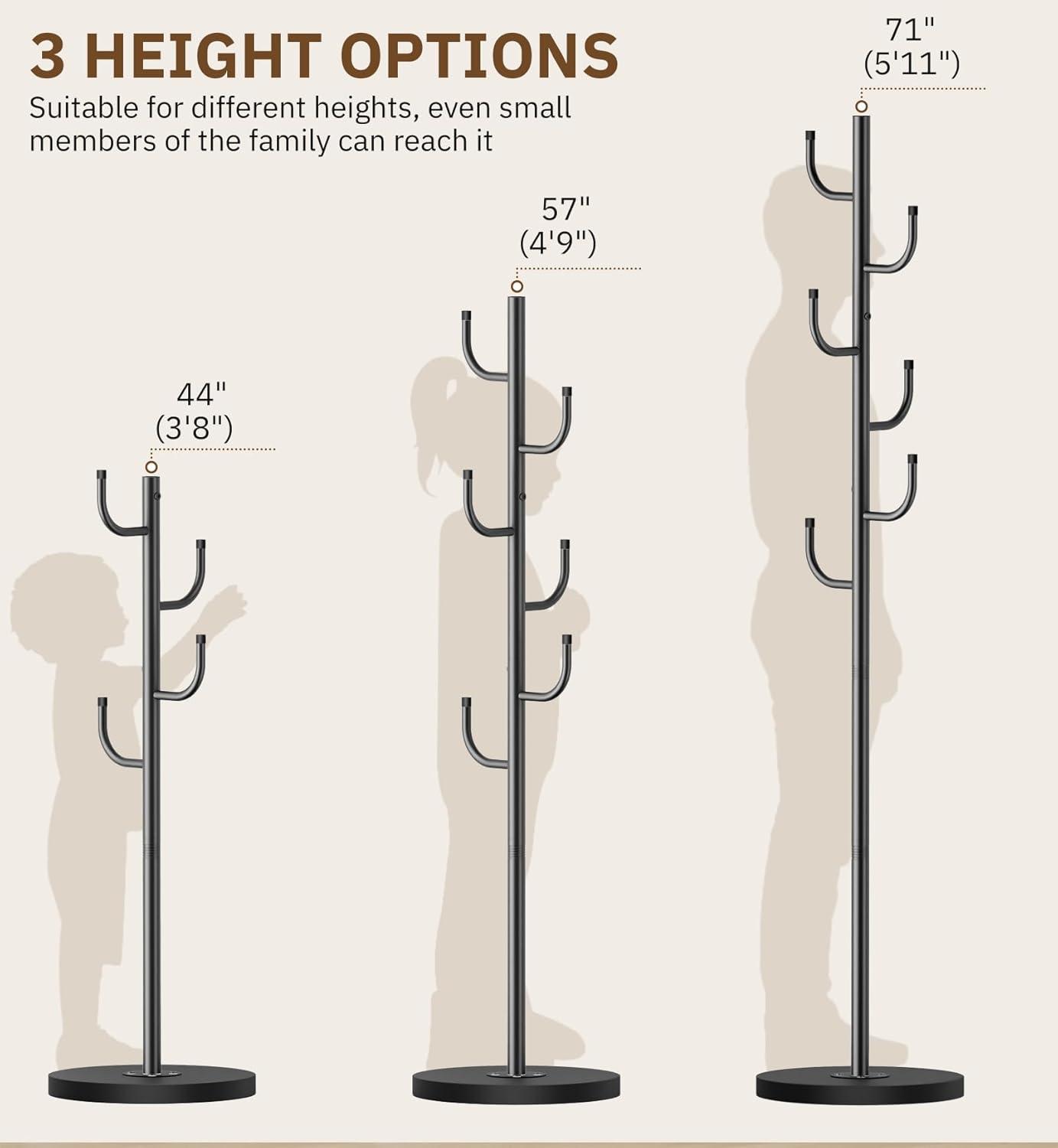 imageMISSLO Heavy Duty Coat Rack Freestanding 4 Adjustable Size Coat Tree with Stable Wood Base Coat Hanger Stand with 6 Hooks Standing Clothes Tree for Bedroom GoldBlack