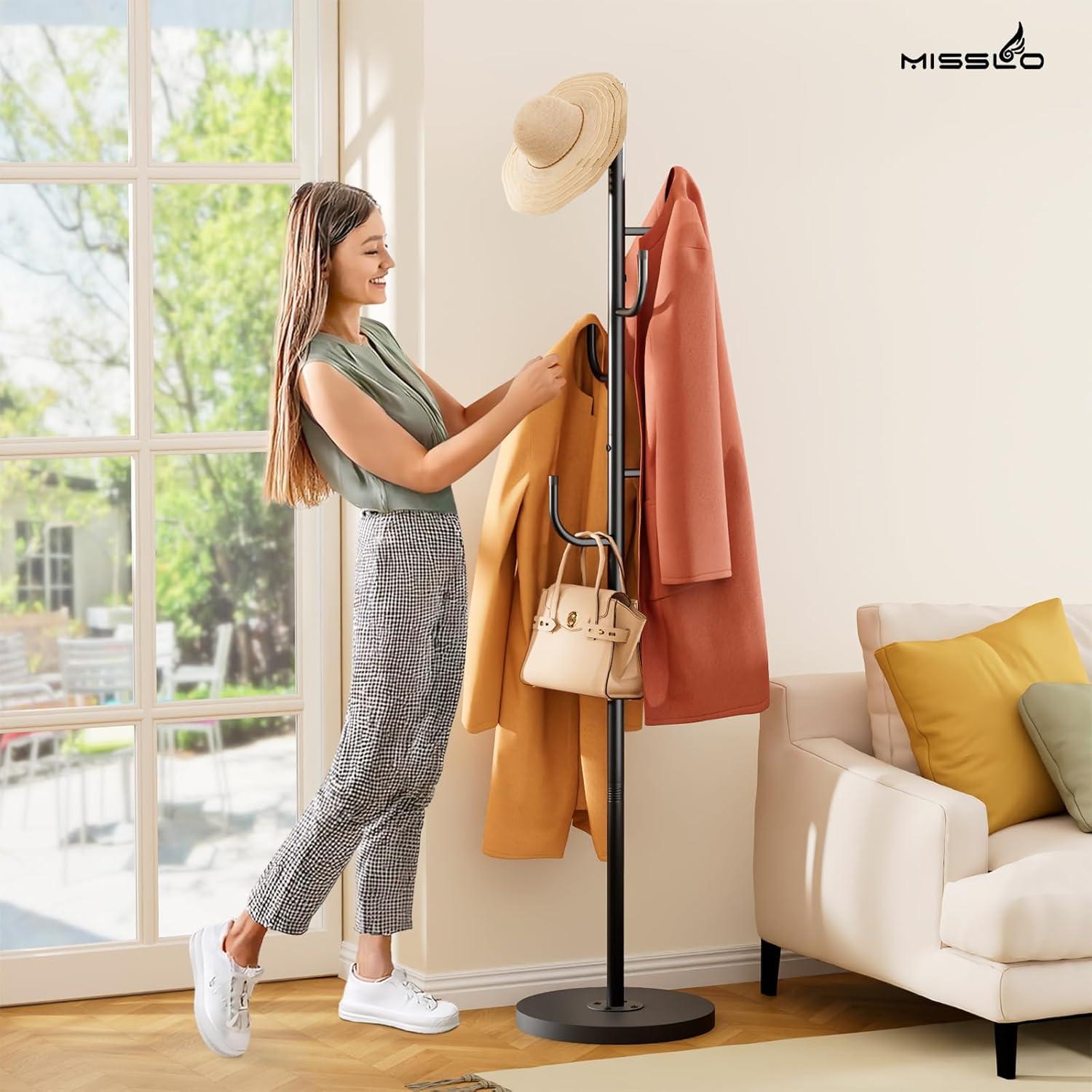 imageMISSLO Heavy Duty Coat Rack Freestanding 4 Adjustable Size Coat Tree with Stable Wood Base Coat Hanger Stand with 6 Hooks Standing Clothes Tree for Bedroom GoldBlack