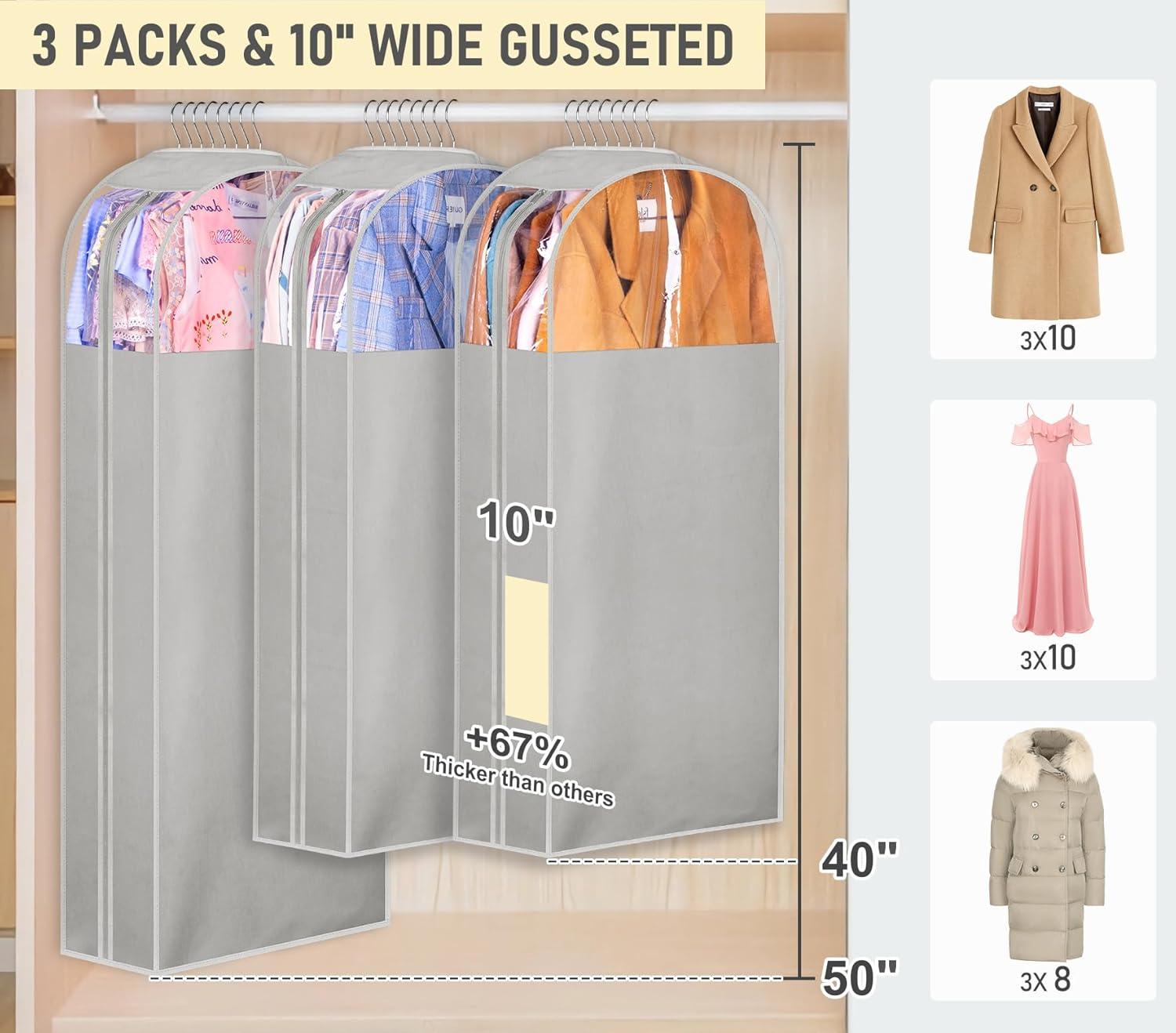 imageMISSLO 10quot Gusseted Garment Bags for Hanging Clothes 40quot50quot Clear Suit Bags for Closet Storage Dress Bag for Gowns Long Coat Protector 3 Packs GreyFabric