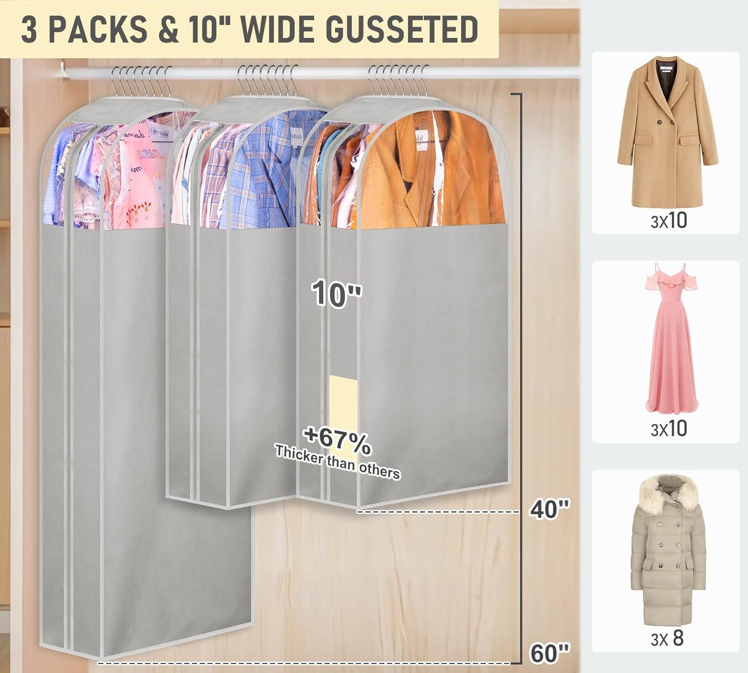 imageMISSLO 10quot Gusseted Garment Bags for Hanging Clothes 40quot50quot Clear Suit Bags for Closet Storage Dress Bag for Gowns Long Coat Protector 3 Packs GreyFabric