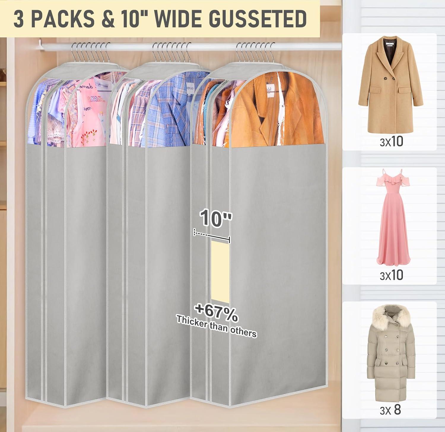 imageMISSLO 10quot Gusseted Garment Bags for Hanging Clothes 40quot50quot Clear Suit Bags for Closet Storage Dress Bag for Gowns Long Coat Protector 3 Packs GreyFabric