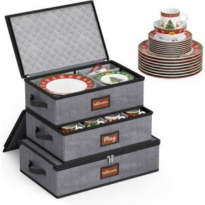 imageMISSLO Stackable Coffee Mug Organizer with Hard Shell China Cup Storage Containers with Dividers Kitchen Packing Moving Boxes for Mugs Protectors Grey3 Piece Storage Set