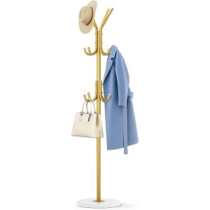 image:imageMISSLO Heavy Duty Coat Rack Freestanding with Stable Wood Base Modern White Coat Tree with 12 Hooks Adjustable Coats Hanger Stand Stylish Standing Clothes Tree for Entryway Bedroom Corner HallGold